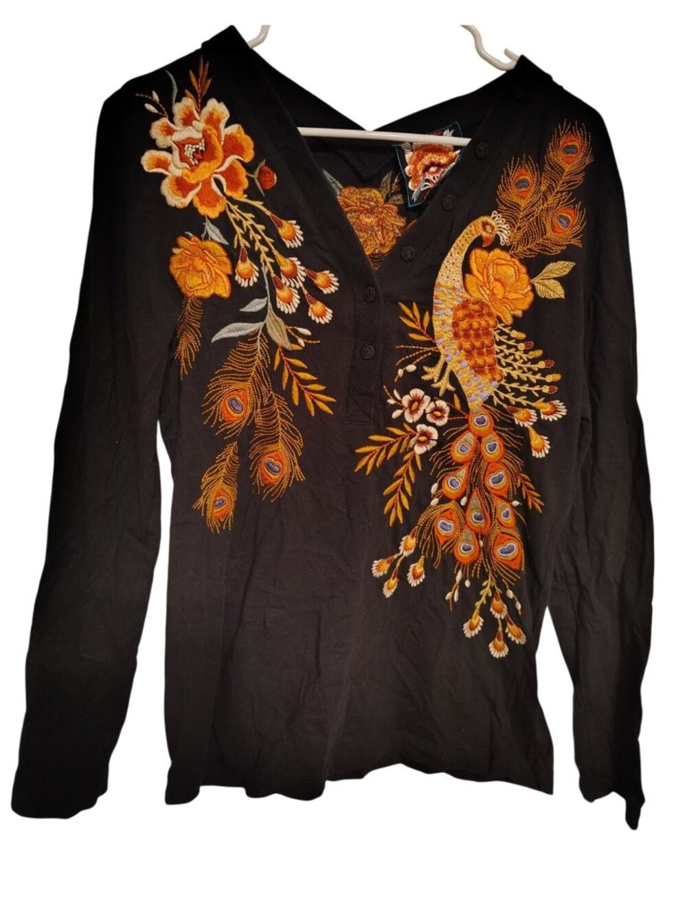 Johnny Was Small Embroidered Floral Peacock Button Front Black Top